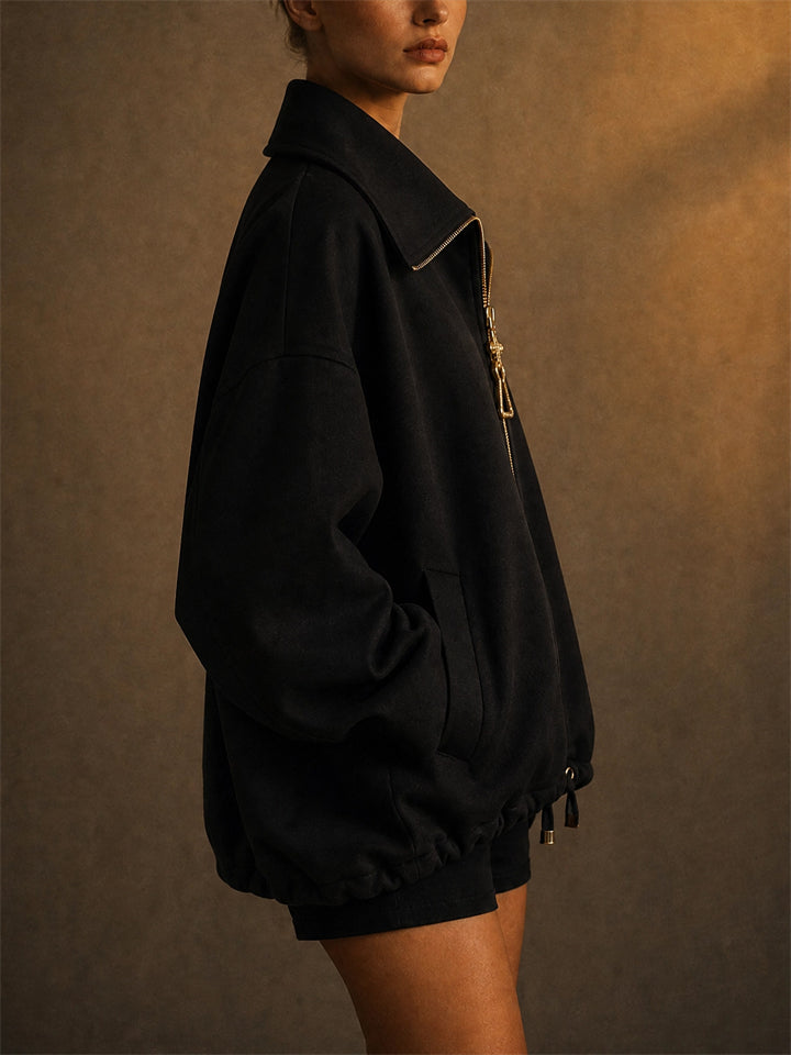 Women Oversized Gold Zip Pull Zip Up BatWing Sleeve Jacket