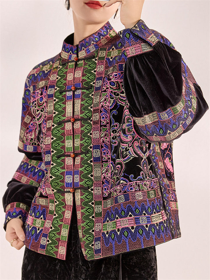 Women's Long Sleeve Geometric Pattern Embroidered Cotton-padded Jacket