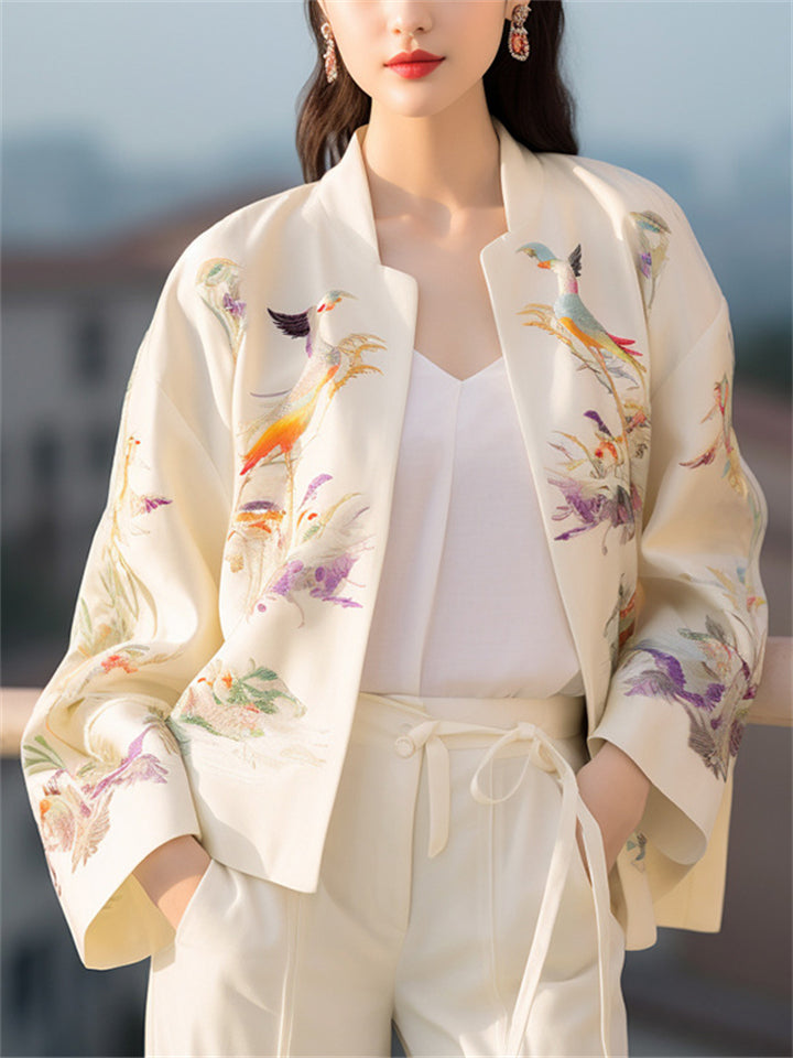 Fashion Oriental Women's Pinted Stand Collar White Jacket