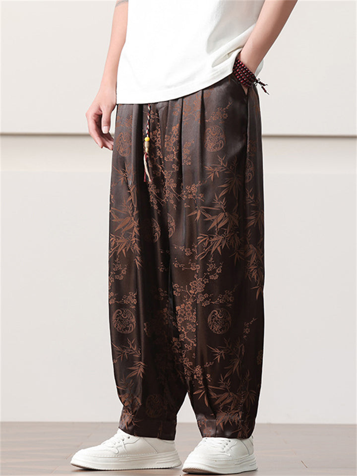 Men's Retro Chinese Style Plum Blossom and Bamboo Print Wide Leg Pants