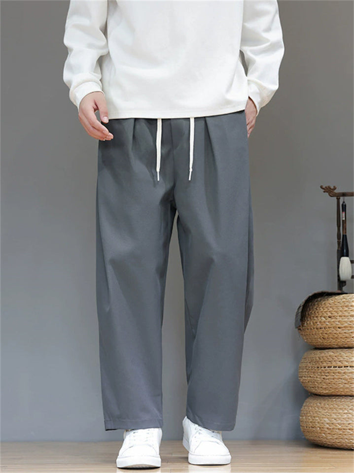 Men's Autumn Simple Plain Color Pleated Drawstring Straight Leg Pants