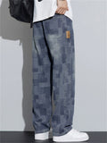 Men's Retro Casual Loose Straight Plaid Denim Pants for Spring Autumn