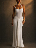 Women Halter Neck Sheer Mesh Ruched Draped Maxi Dress