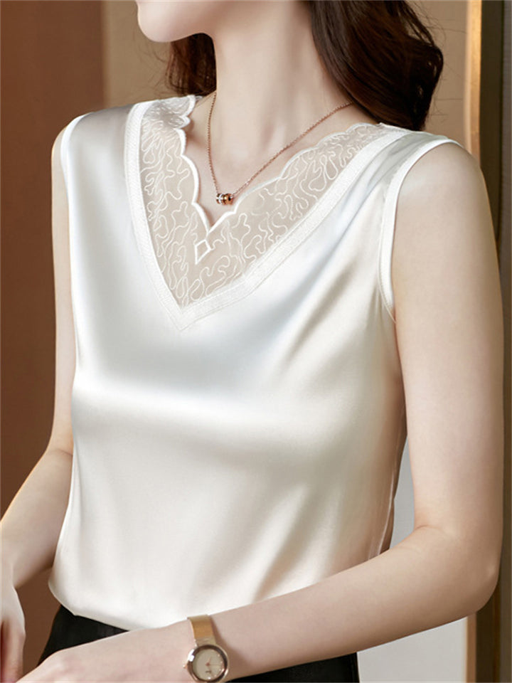 Summer Patchwork V Neck Satin Undershirt for Women
