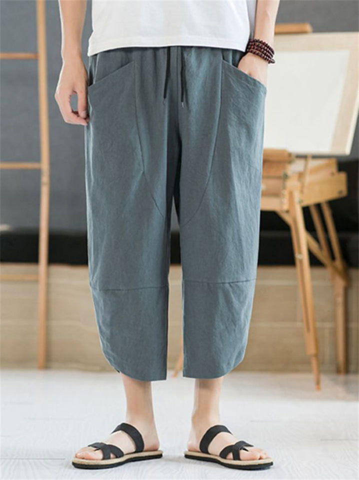 Men's Summer Drawstring Comfy Cotton Linen Cropped Pants