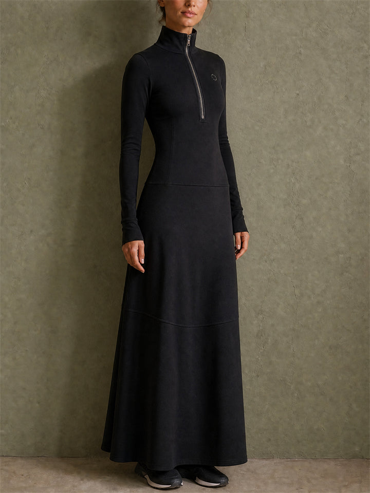 Womens Casual Black Half Zip Long Sleeve Maxi Dress
