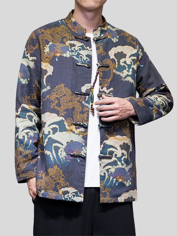 Men's Stand Collar Button Up Vintage Printed Tang Suit Jacket