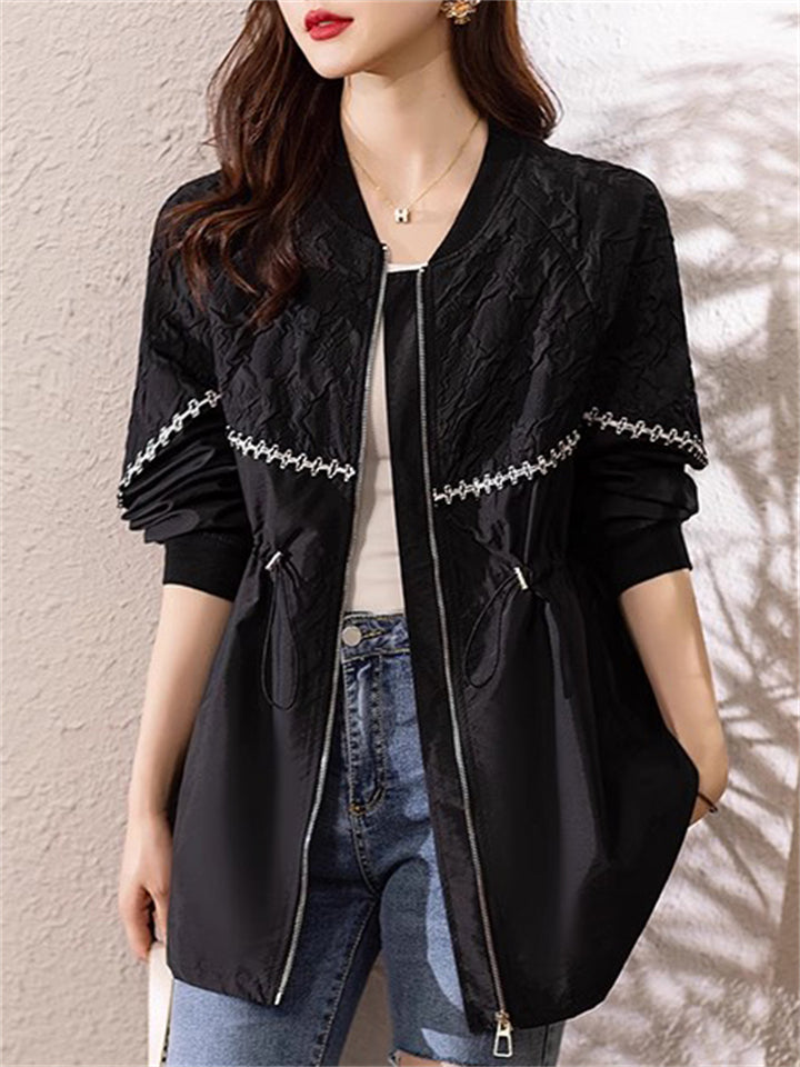 Women's Black Long Sleeve Texture Cinch-Waist Jacket