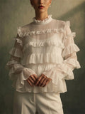 Women Ruffle Mock Neck Long Sleeve Chiffon Blouse
