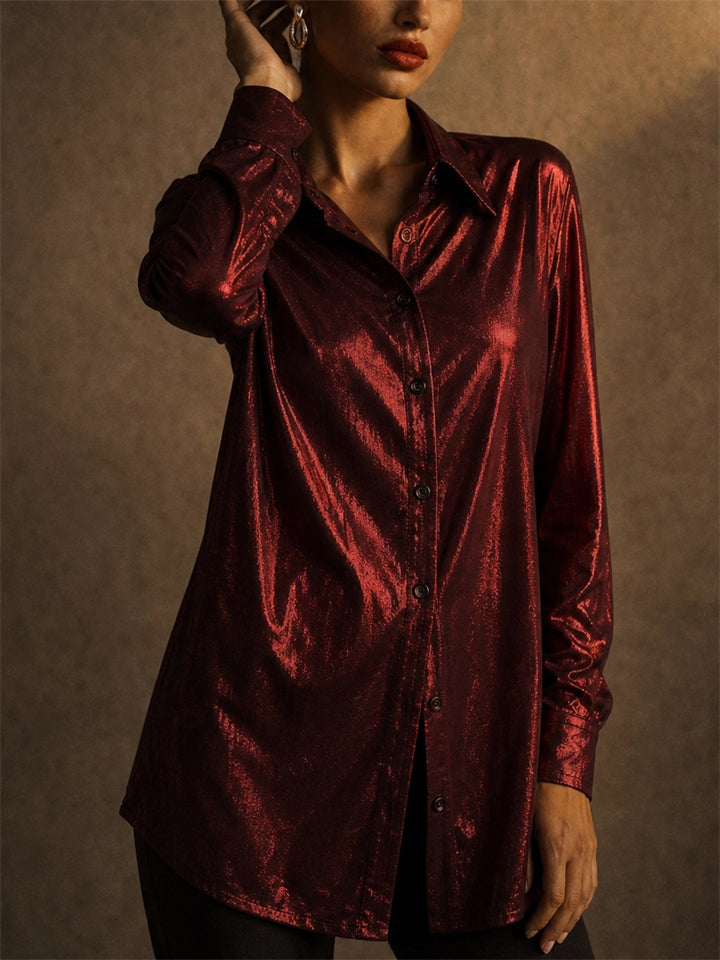Women Red Metallic Shimmer Button Down Long Sleeve Party Shirts