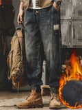 ‌Men's Retro Loose Fit Denim Workwear Jogger Pants with Utility Pockets