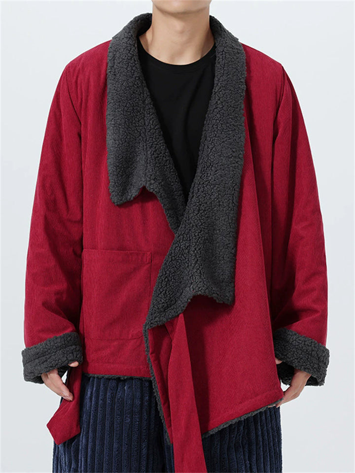 WInter Chinese Vintage Zen Style Fleece Trim Lined Lace Up Coat for Men