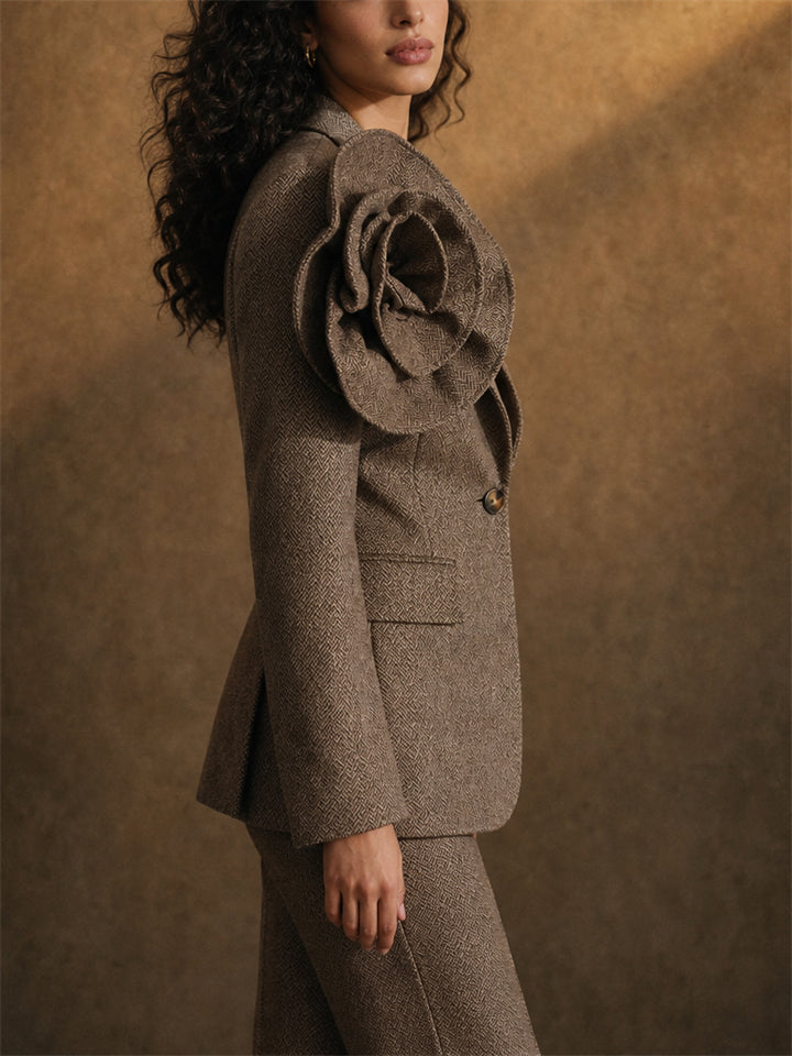 Women Coffee Single Button 3D Rosette Flower Tweed Blazer
