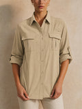 Women Button Down Shirt Quick Dry Roll Sleeve Outdoor Top