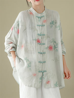 Lady Stand-up Collar Floral Printed Chinese Style Shirts