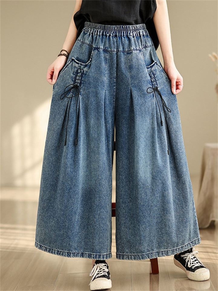 Loose Elastic Waist Wide Leg Jeans for Women