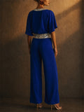Women 2 Piece Causal Sequin BatWing Sleeve Top and Wide Leg Pants Set