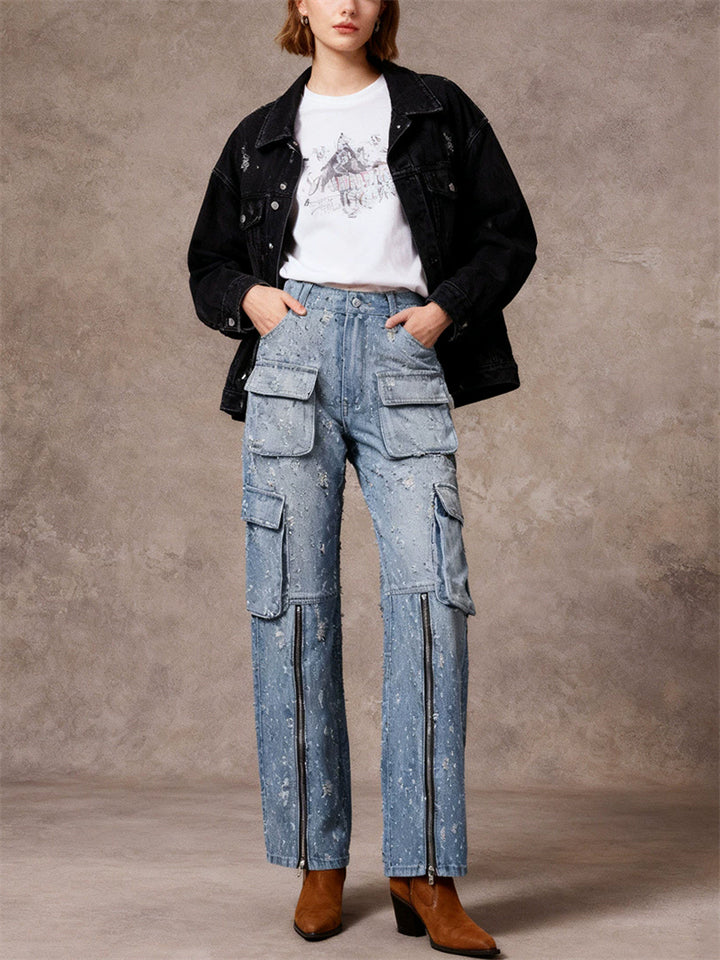 Women High Waist Distressed Zipper Hem Denim Cargo Jeans