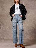 Women High Waist Distressed Zipper Hem Denim Cargo Jeans