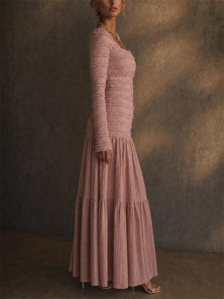 Women Smocked Square Neck Long Sleeve Tiered Maxi Dress
