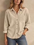 Women Corduroy Button Down Shirt Long Sleeve Pocket Casual Blouse