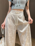 Women's Stylish Chinese Style Floral Jacquard Satin Wide Leg Pants