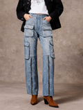 Women High Waist Distressed Zipper Hem Denim Cargo Jeans