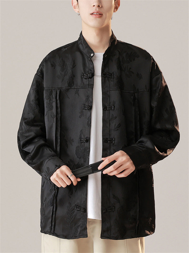 Chinese Style Men's Daffodil Jacquard Stand Collar Long Sleeve Shirts