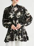 Lady Button Up Lantern Sleeve Printed Satiny Shirts