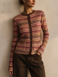 Women Slim Button Down Pockets Striped Flare Sleeve Cardigan