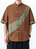 Men's Chinese Style Color Block Cotton Linen Short Sleeve Tang Suit Shirts