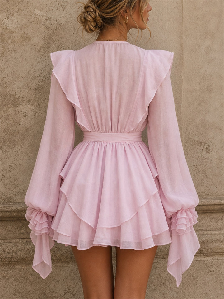 Women's Stylish Lantern Sleeve Ruffle Tiered  Cocktail Mini Dress