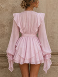 Women's Stylish Lantern Sleeve Ruffle Tiered  Cocktail Mini Dress