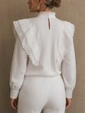Women's Stylish Sequin Lace Ruffle High Neck Victorian Blouse
