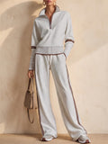Women Stylish Contrast Trim Half Zip Top Wide Leg Pants Two Piece Tracksuit