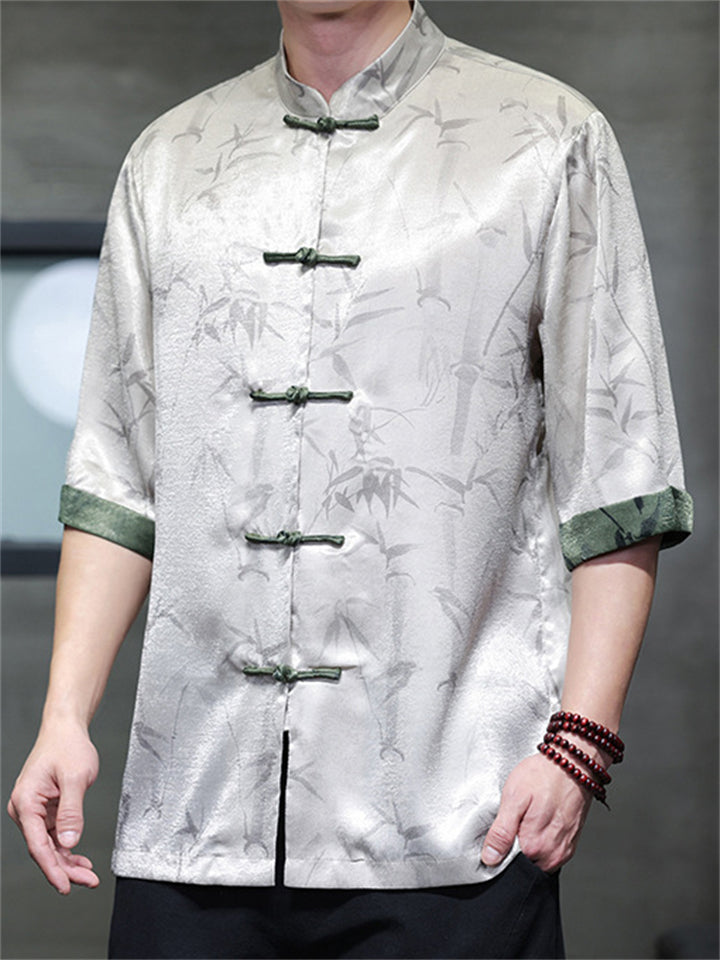 Men's Bamboo Print Cool Tang Suit Short Sleeve Chinese Style Shirts