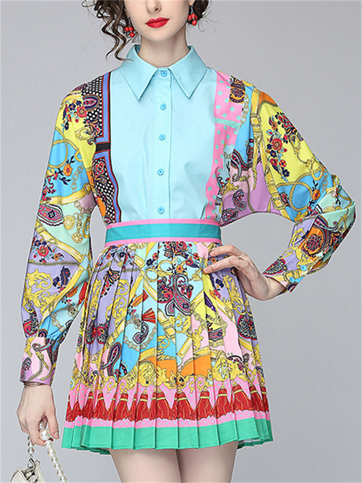 Women's 2Pcs Blue Contrast Color Print Lapel Shirt & Pleated Skirt Set