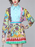 Women's 2Pcs Blue Contrast Color Print Lapel Shirt & Pleated Skirt Set
