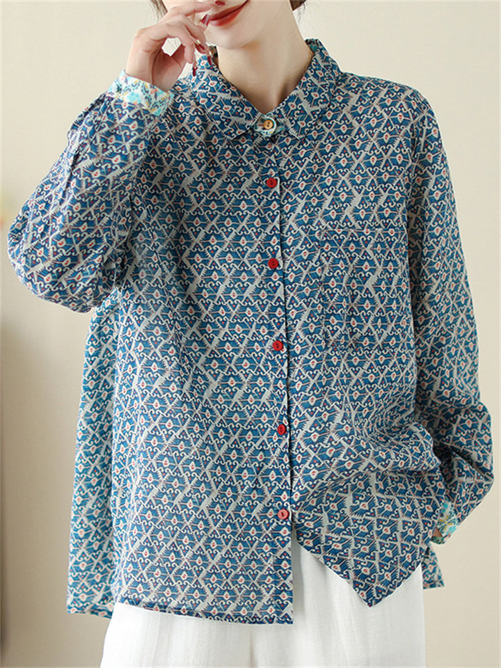 Women's Retro Print Lapel Long Sleeve Shirts