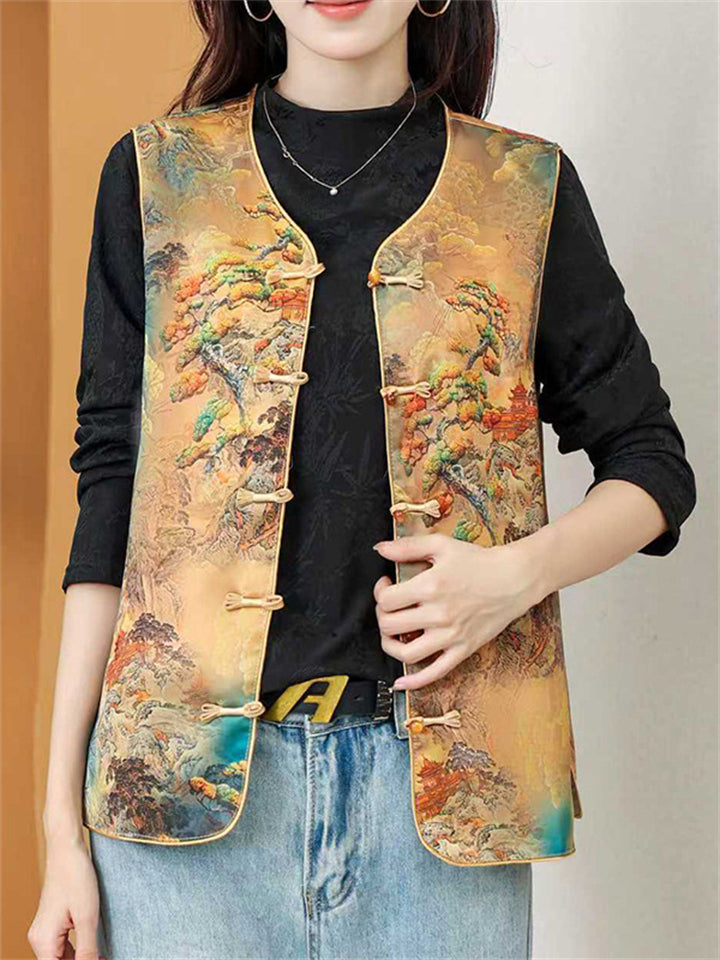 Women Chinese Style Landscape Print Satin TangSuit Vest
