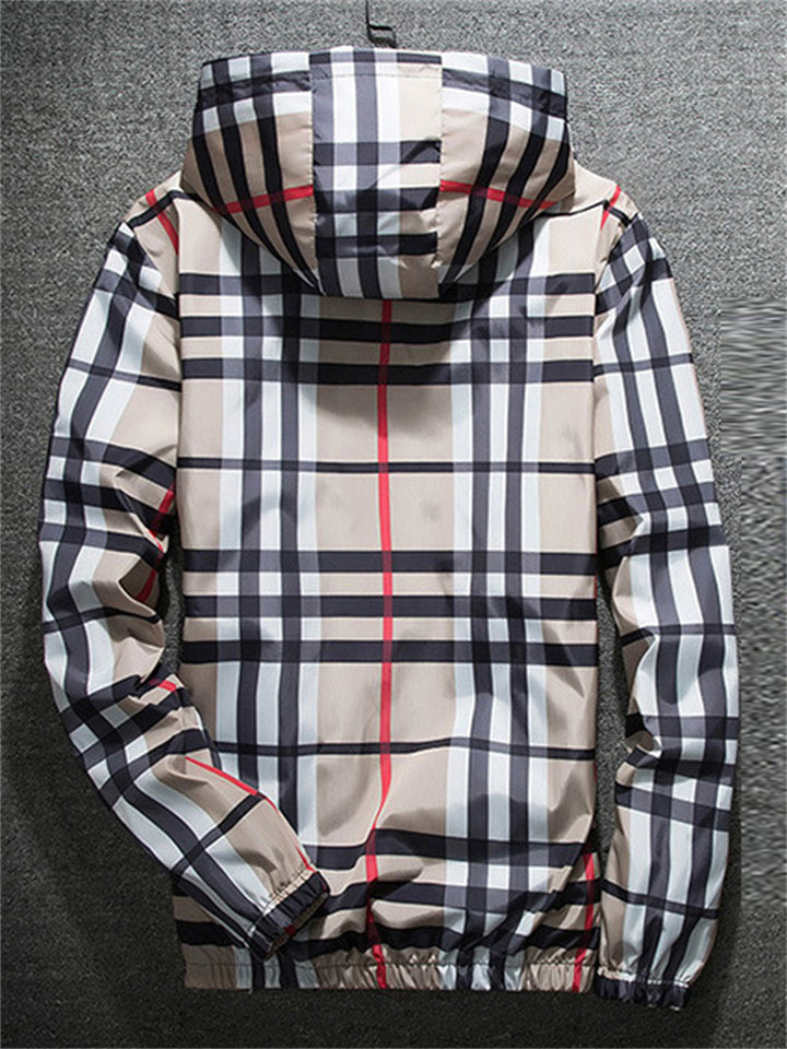Men's Autumn Contrast Color Zip Up Plaid Hooded Long Sleeve Jackets