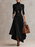 Women Turtleneck Top and Faux Suede Asymmetric Maxi Skirt Two Piece Set