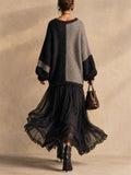 Women Color Block Knit V Neck Long Sleeve Midi Sweater Dress