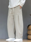 Men's Japanese Style Simple Pleated Drawstring Wide Leg Pants with Pockets