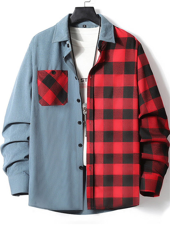 Men's Trendy Corduroy Plaid Patchwork Lapel Long Sleeve Shirt