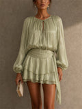 Women's Sweet Style Metallic Pleated Tiered Ruffle Mini Dress