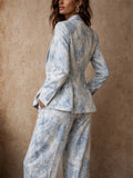 Women's Vintage Marble Print 2 Piece Blazer and Wide Leg Pants Set