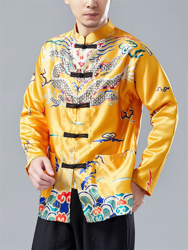 Oriental Style Loong Print Long Sleeve Cardigan Shirt for Men