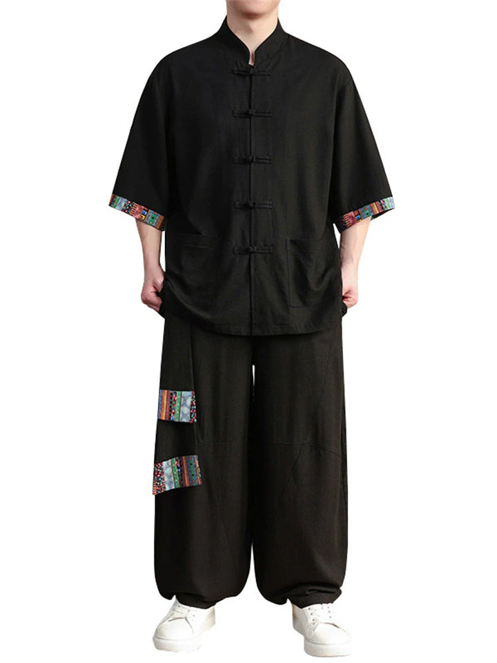 Chinese Ethnic Style Button Linen Tops and Wide Leg Pants Set for Men