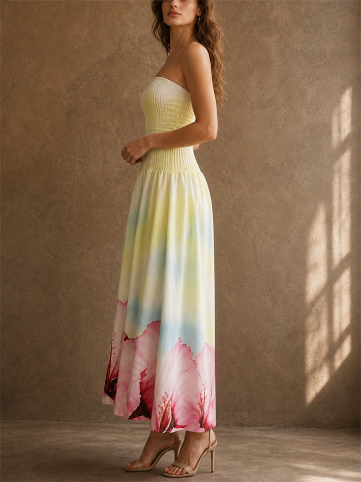 Women Strapless Smocked Hibiscus Print Tropical Maxi Dress